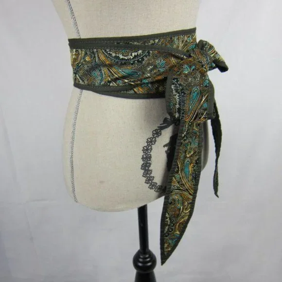 Chico's Boho Paisley & Quilted Olive Green REVERSIBLE Obi Wrap Belt Size S NEW - Picture 7 of 9